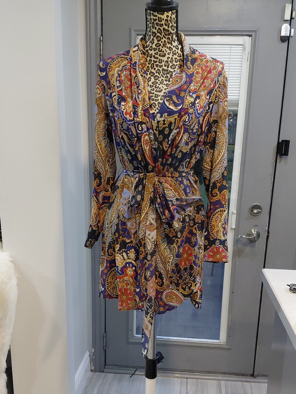 100% Silk TWP Paisley Print Button-Front Shirt - Navy, Gold, Red